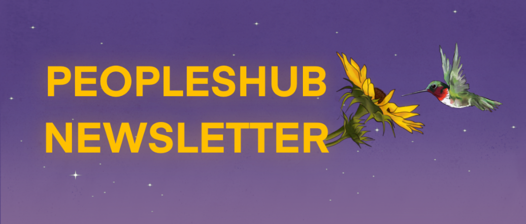 Purple background with a few white stars scattered across. Yellow text at left reads "PEOPLESHUB NEWSLETTER." At right, an illustration of a hummingbird approaching a yellow flower.